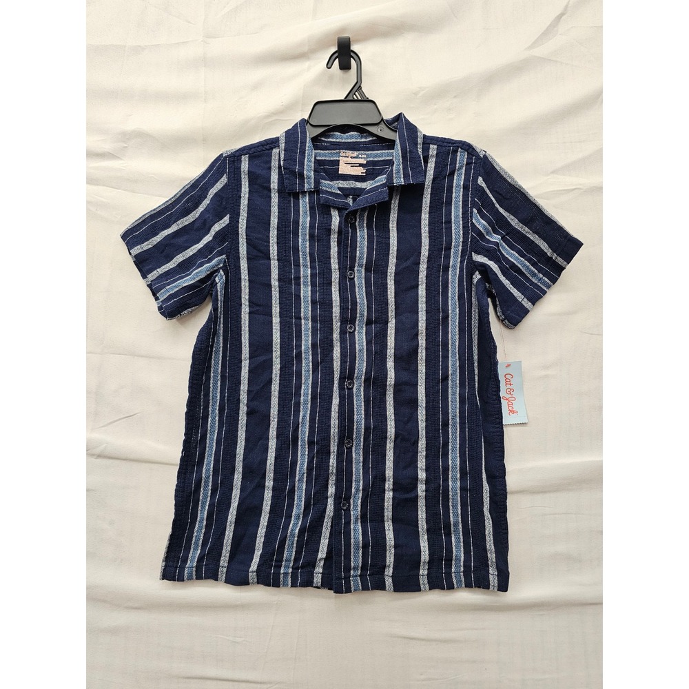 Cat & Jack Boys Striped Button Down Shirt Blue Linen Blend Casual Size XL